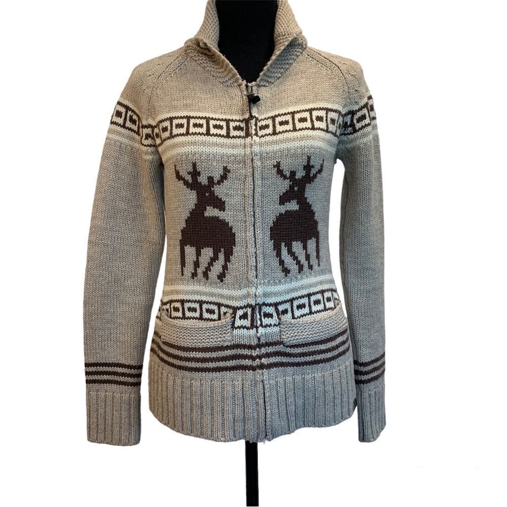 Triple Five Soul beige brown reindeer Zipup jacket wool sweater Sz S